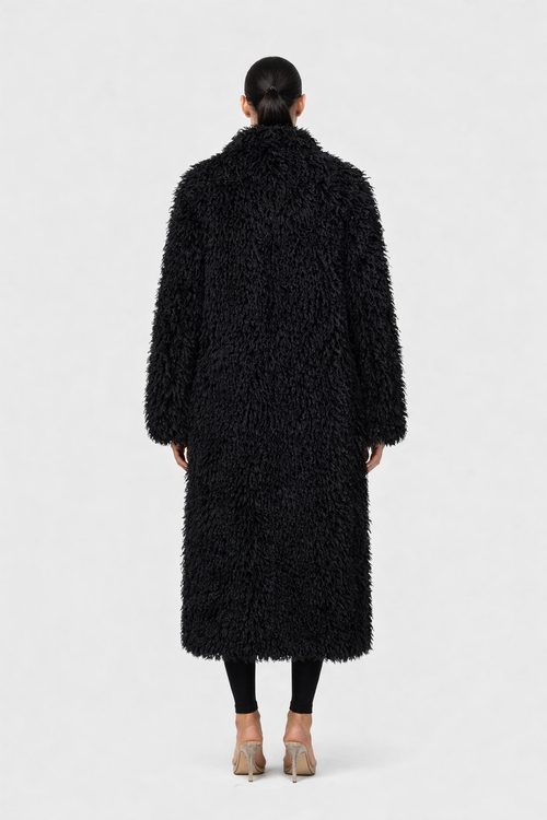 Astra Plush — Manteau long en fourrure mongolian vegan noire