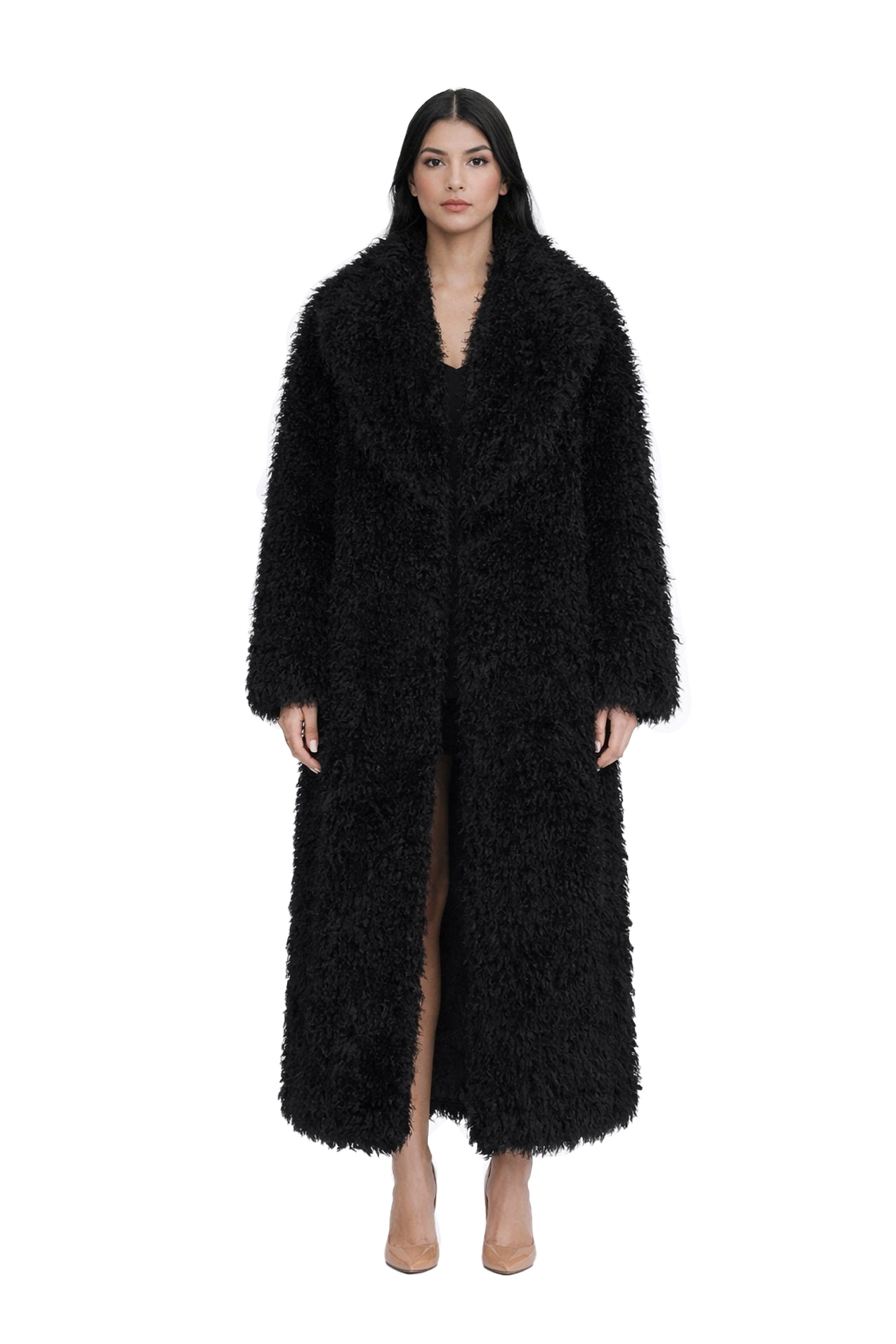 Astra Plush — Manteau long en fourrure mongolian vegan noire